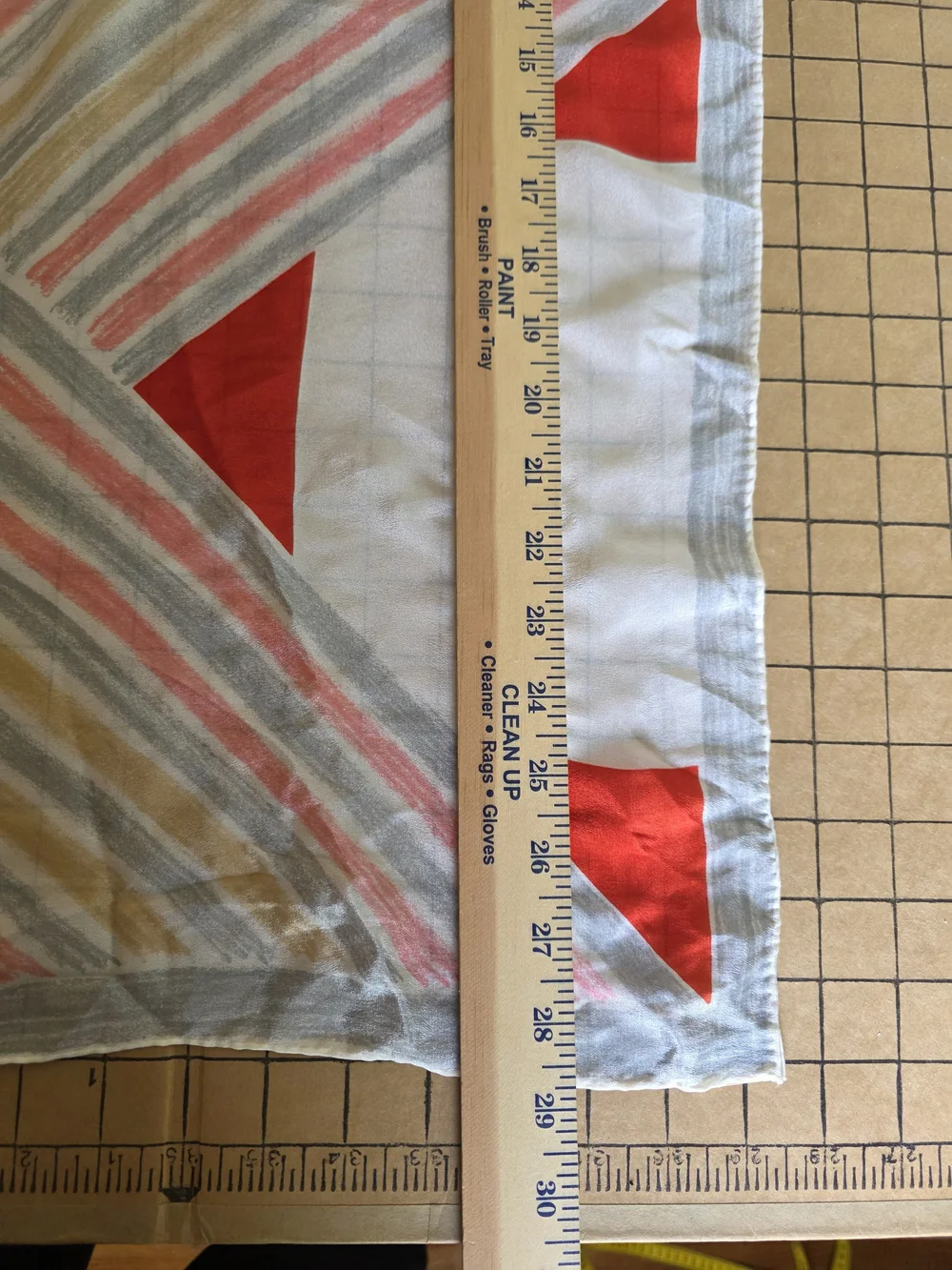 Vintage Vana Silk Scarf  Red Gray Beige Geometric Square Hand Rolled Hem Mod